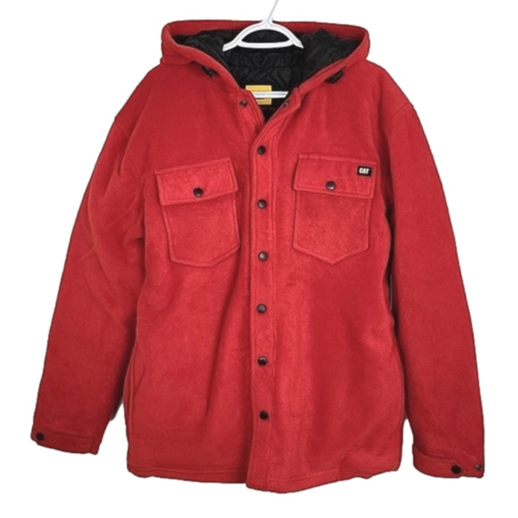 CAT Men's Red Fleece Hooded Button Up Jacket Quilted Insulated Lining Size Large - Picture 1 of 16